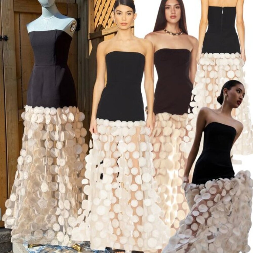 🆕 BRONX & BANCO 🧿 NWOT Harper Strapless Beige and Black Gown, Sz M US 6